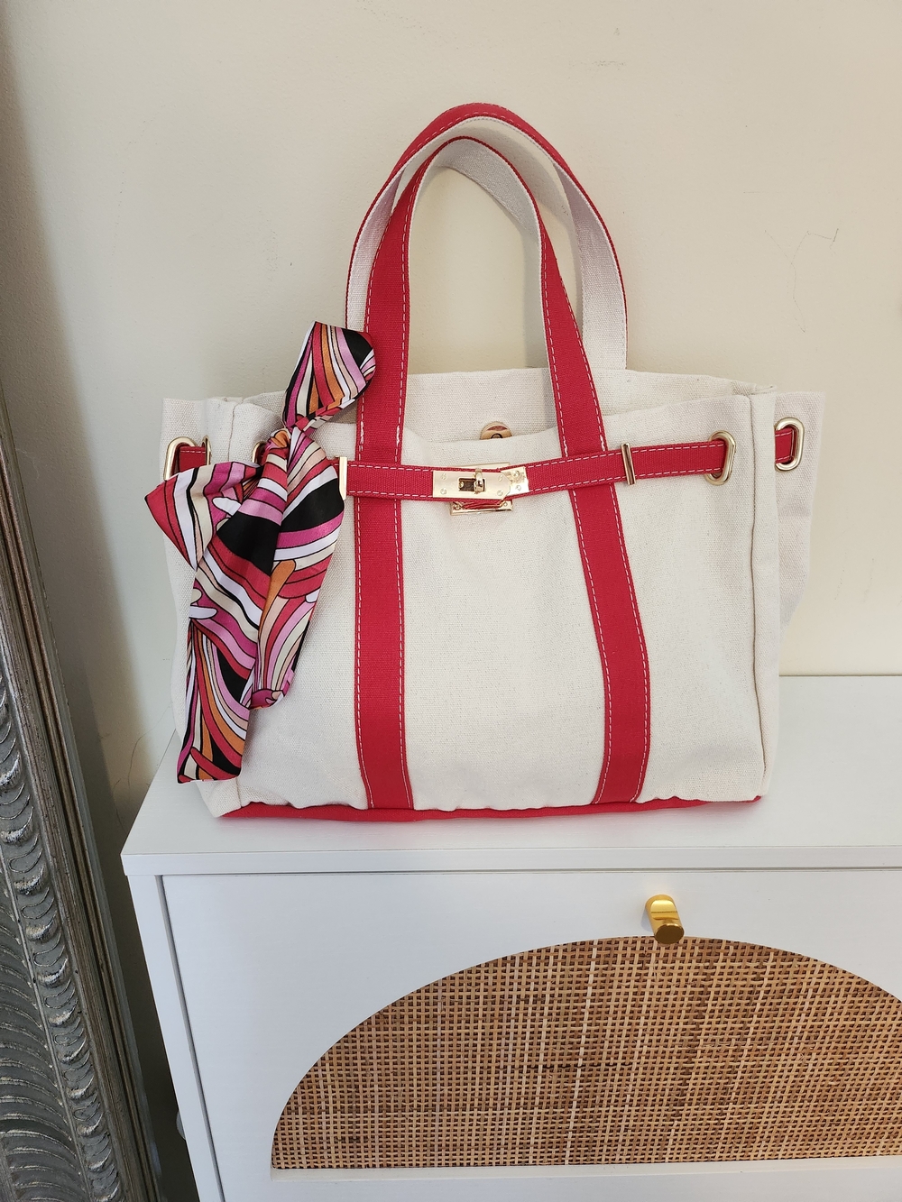 Canvas Tote Bag with Red Trim And Gold Hardware
